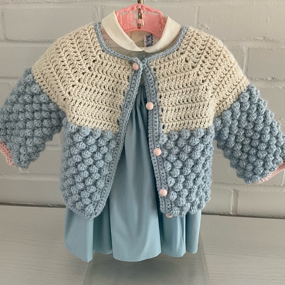 Handmade Size 3-6M Crochet Baby Cardigan Sweater Cream/Light Blue/Light Pink